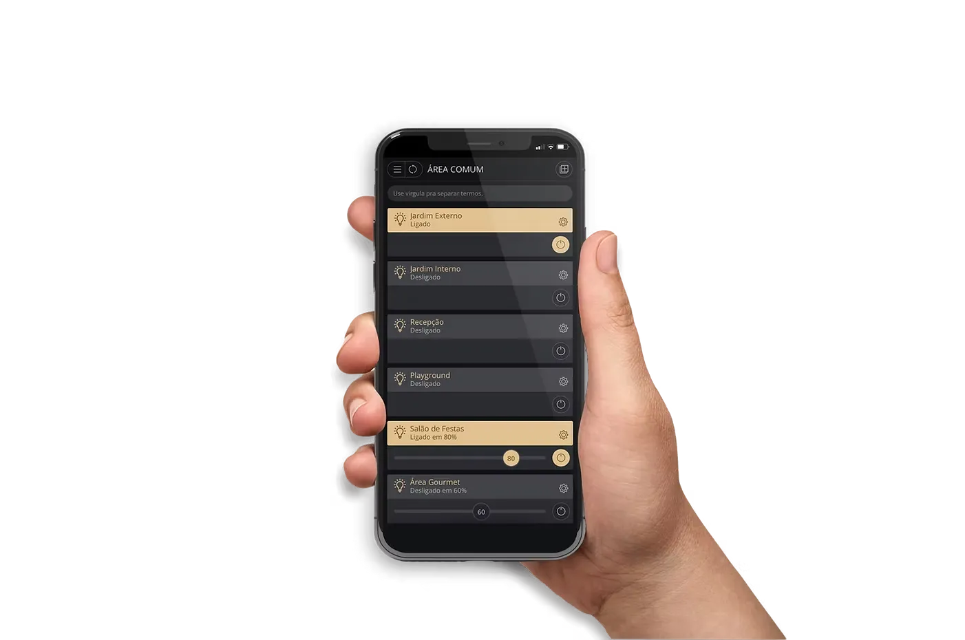 Mão a segurar smartphone com a interface do aplicativo Luxcontrol
